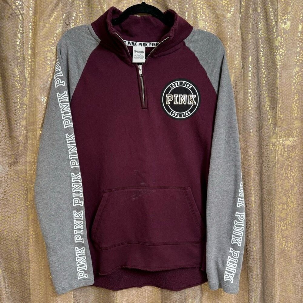 PINK Victorias Secret Maroon Gray Quarter Zip Pullover Flawed Medium